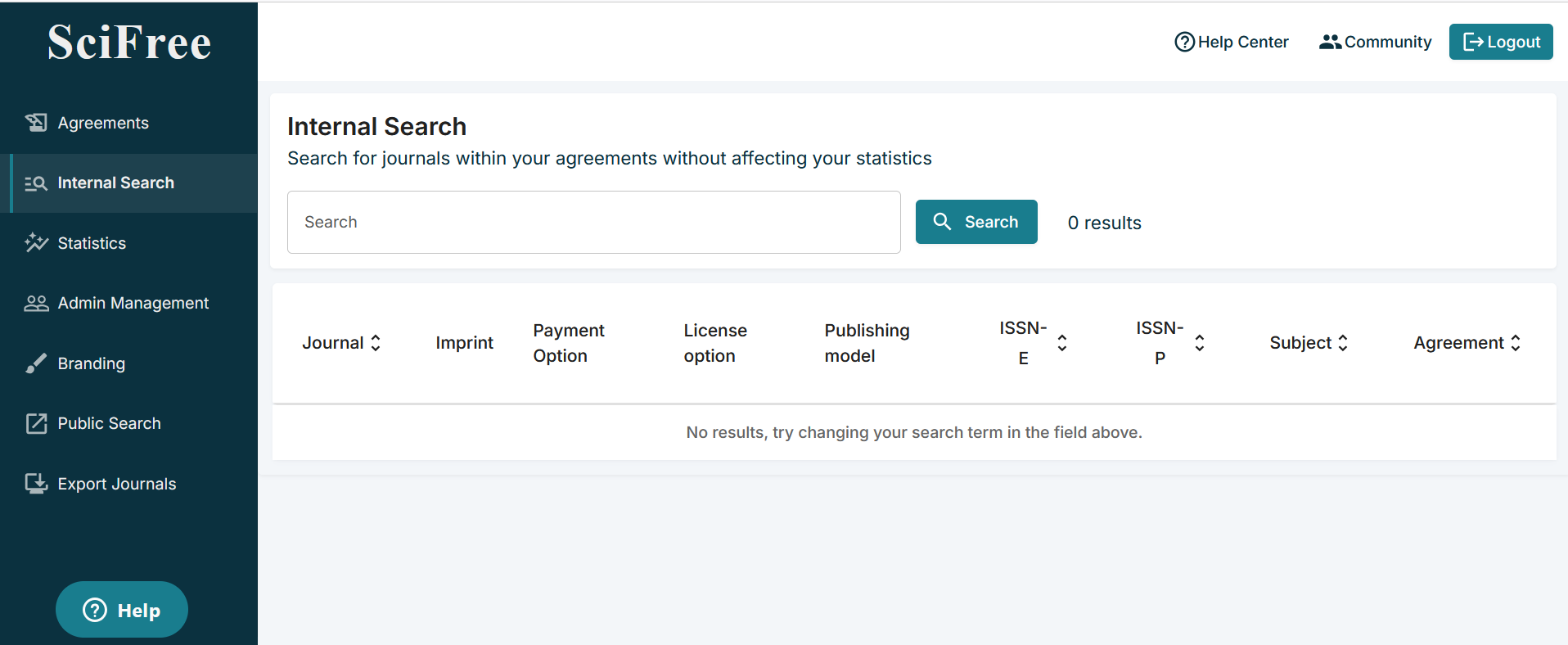 Interal search page screenshot.