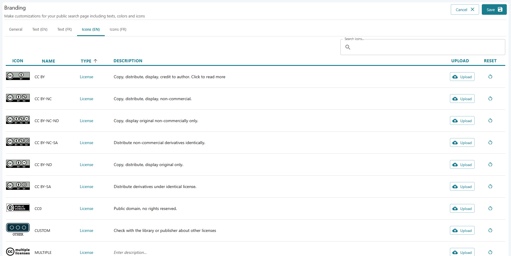 Screenshot of icon managment page in branding