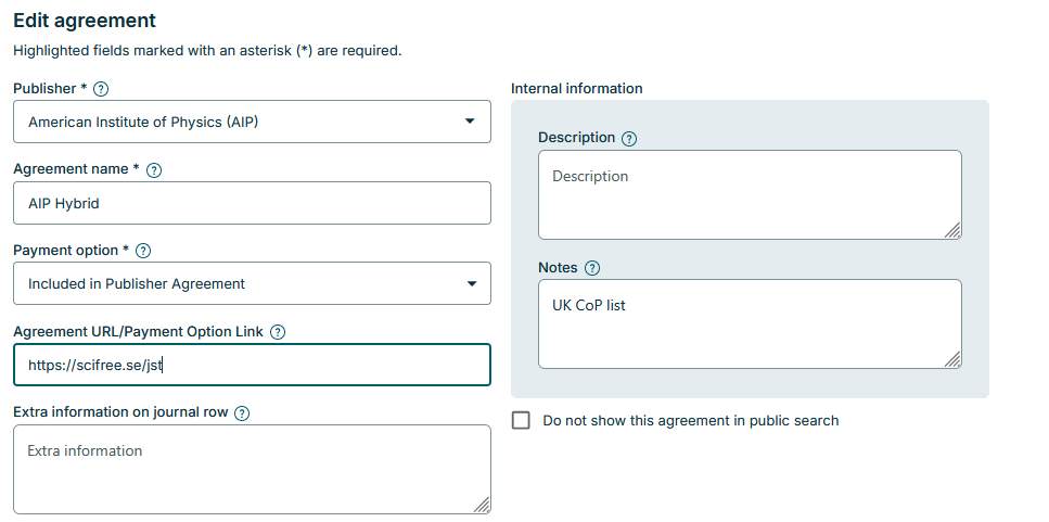 Screenshot of Agreement URL field