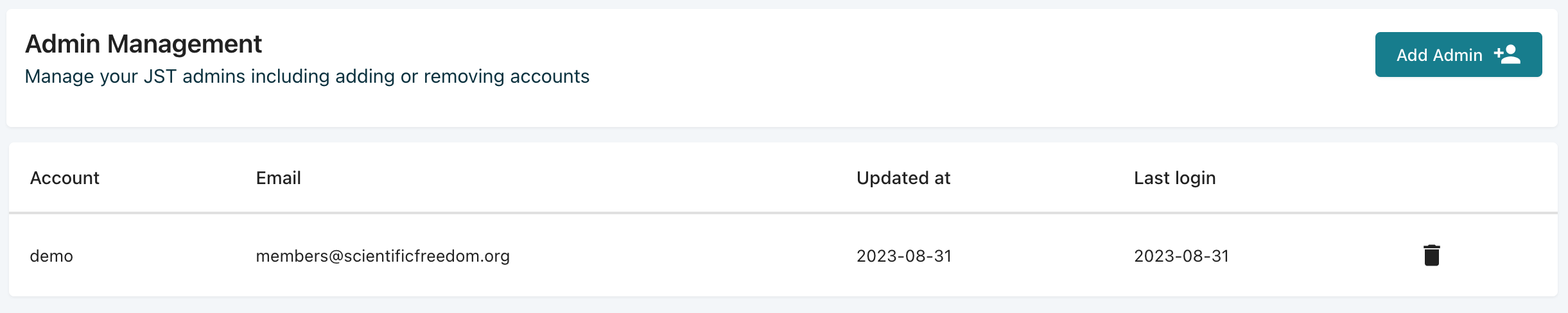 Admin management admin list screenshot.