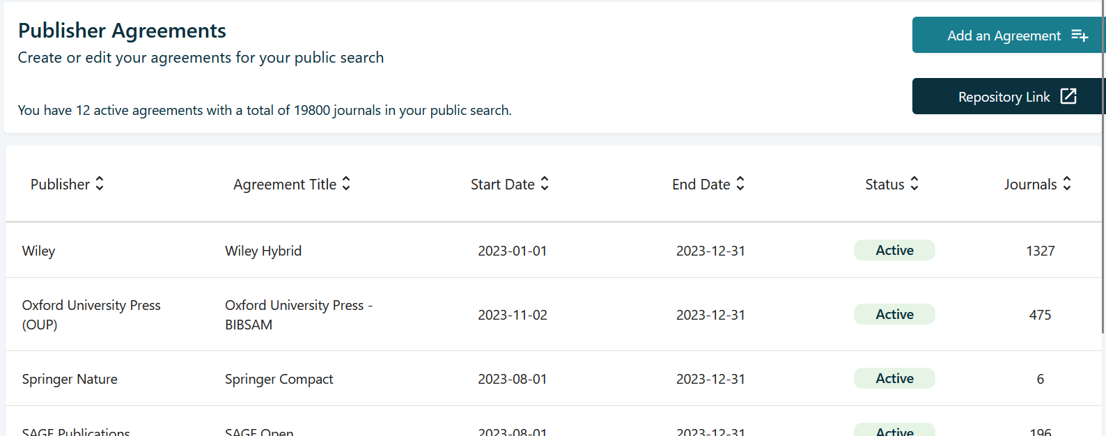 Screenshot of agreements page