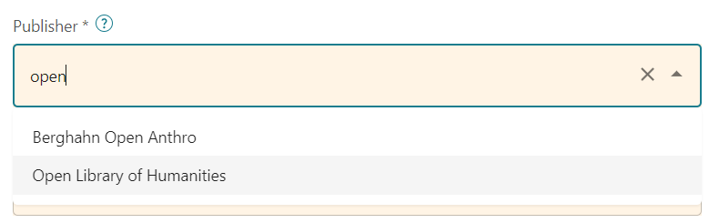 Screenshot of publisher name dropdown with open written.