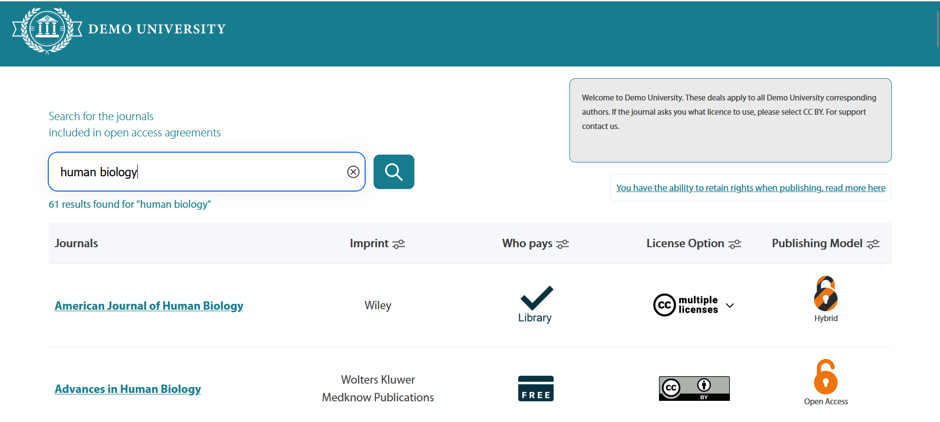 Results page with human biology as search term screenshot.