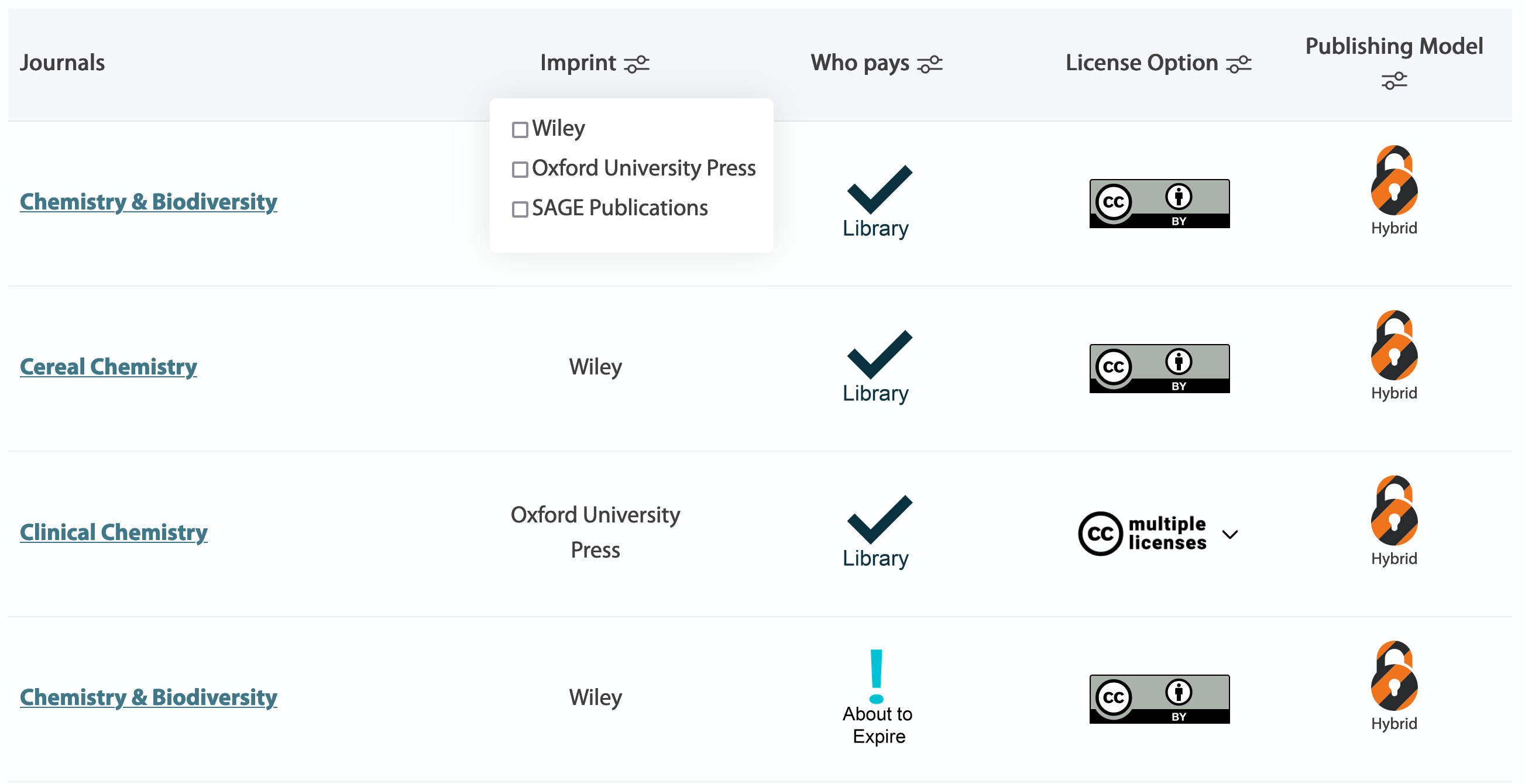 Results list with imprint filters showing screenshot.