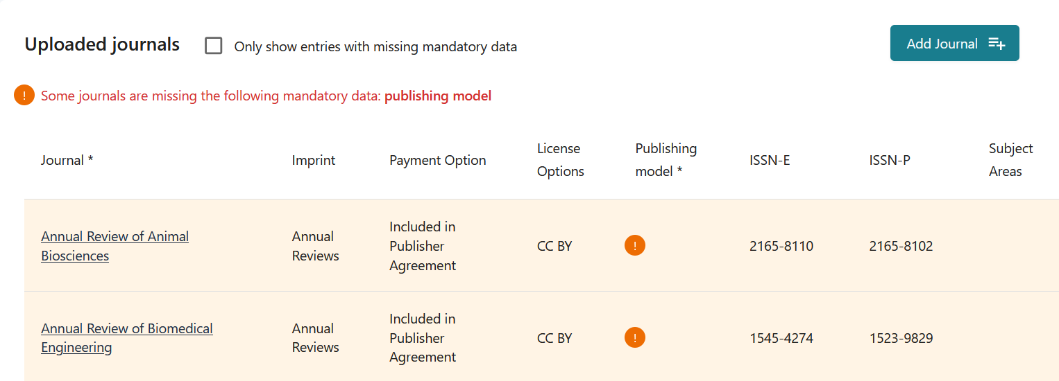 Screenshot of journals missing essential data.
