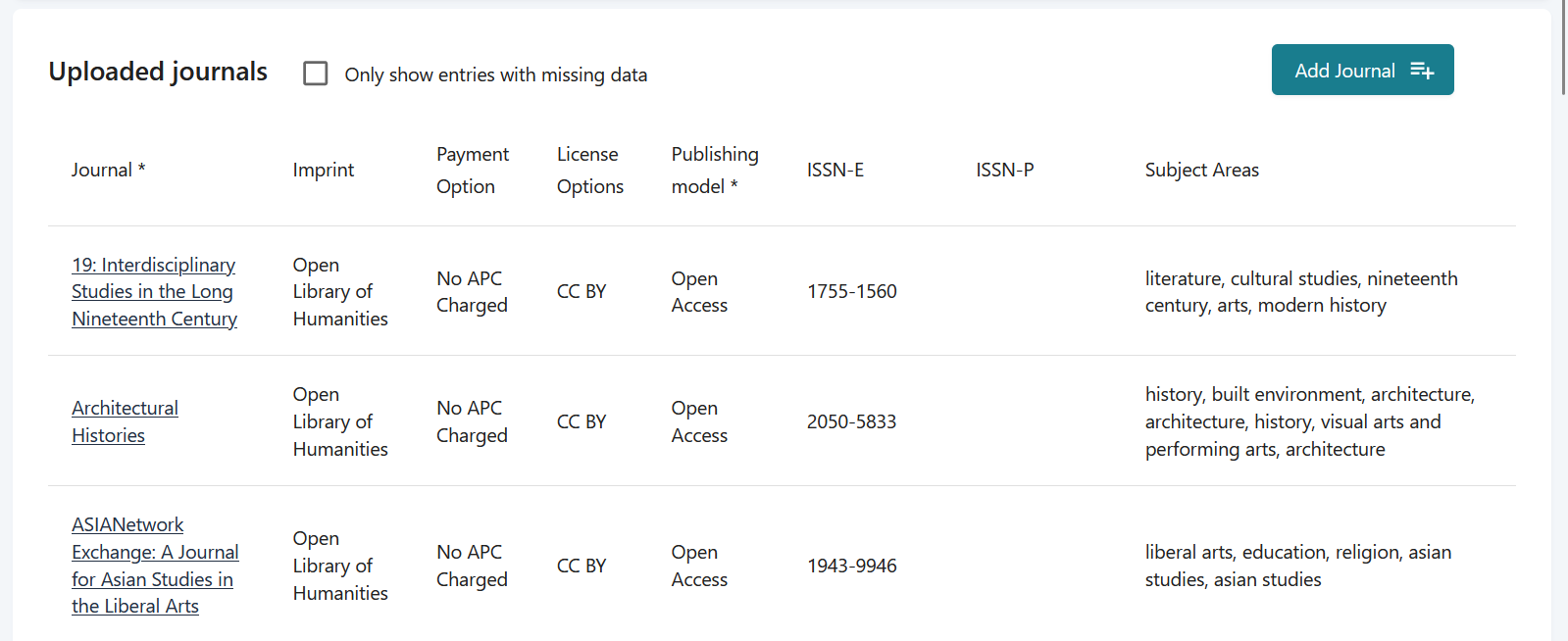 Screenshot of uploaded journals list and add journal button.