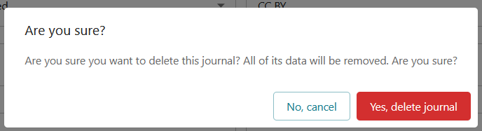 Screenshot of modal window showing Yes, delete journal.