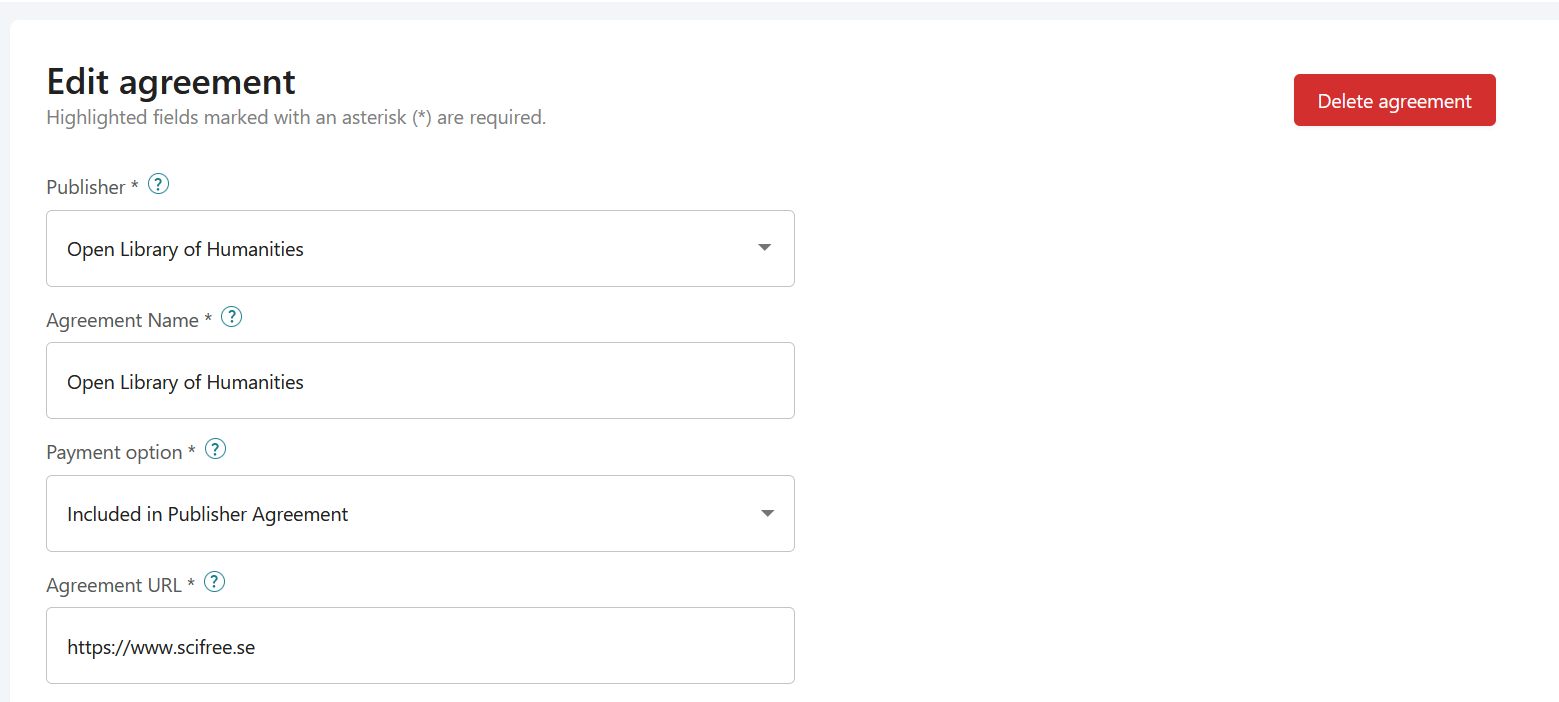Screenshot of edit agreement page with included in publisher agreement selected as payment option..
