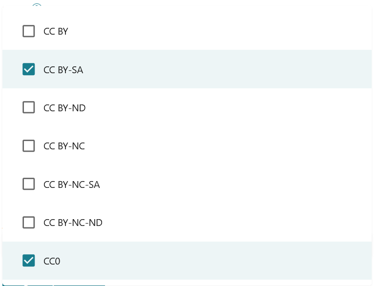 Screenshot of licence CC BY-SA and CC0 selected.