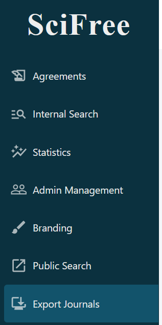 Screenshot of side menu with Export journals highlighted.