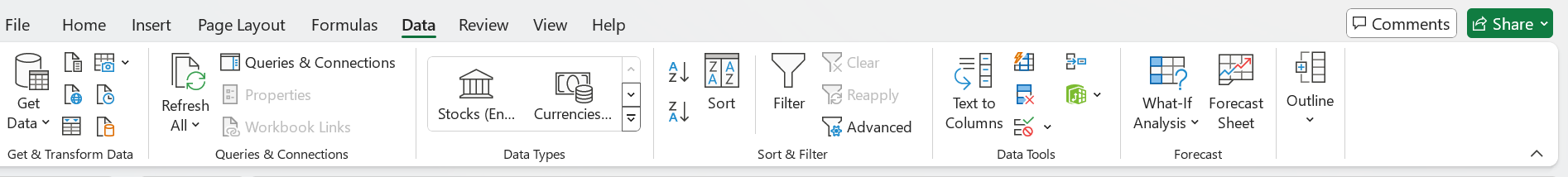 Screenshot of Excel with data tab selected.