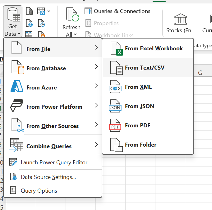 Screenshot of excel with get data button dropdown menu showing.