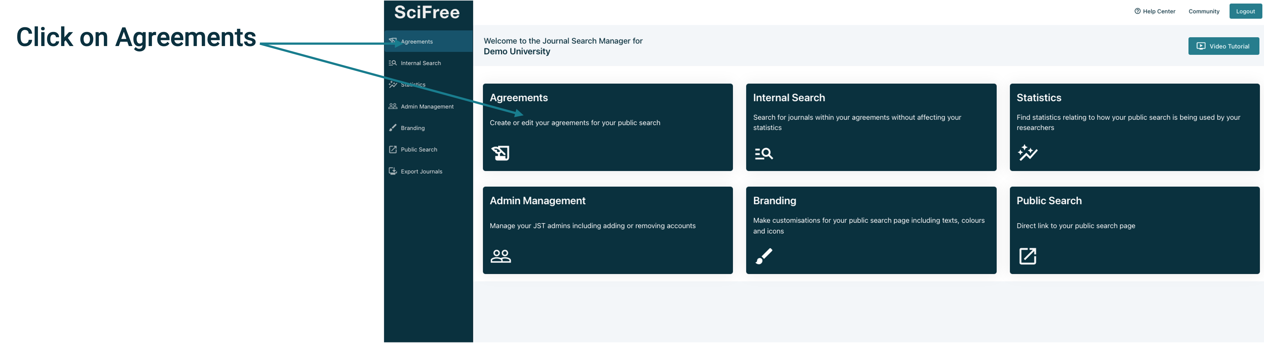 Screenshot of arrows pointing to agreement on side bar and on main dashboard.