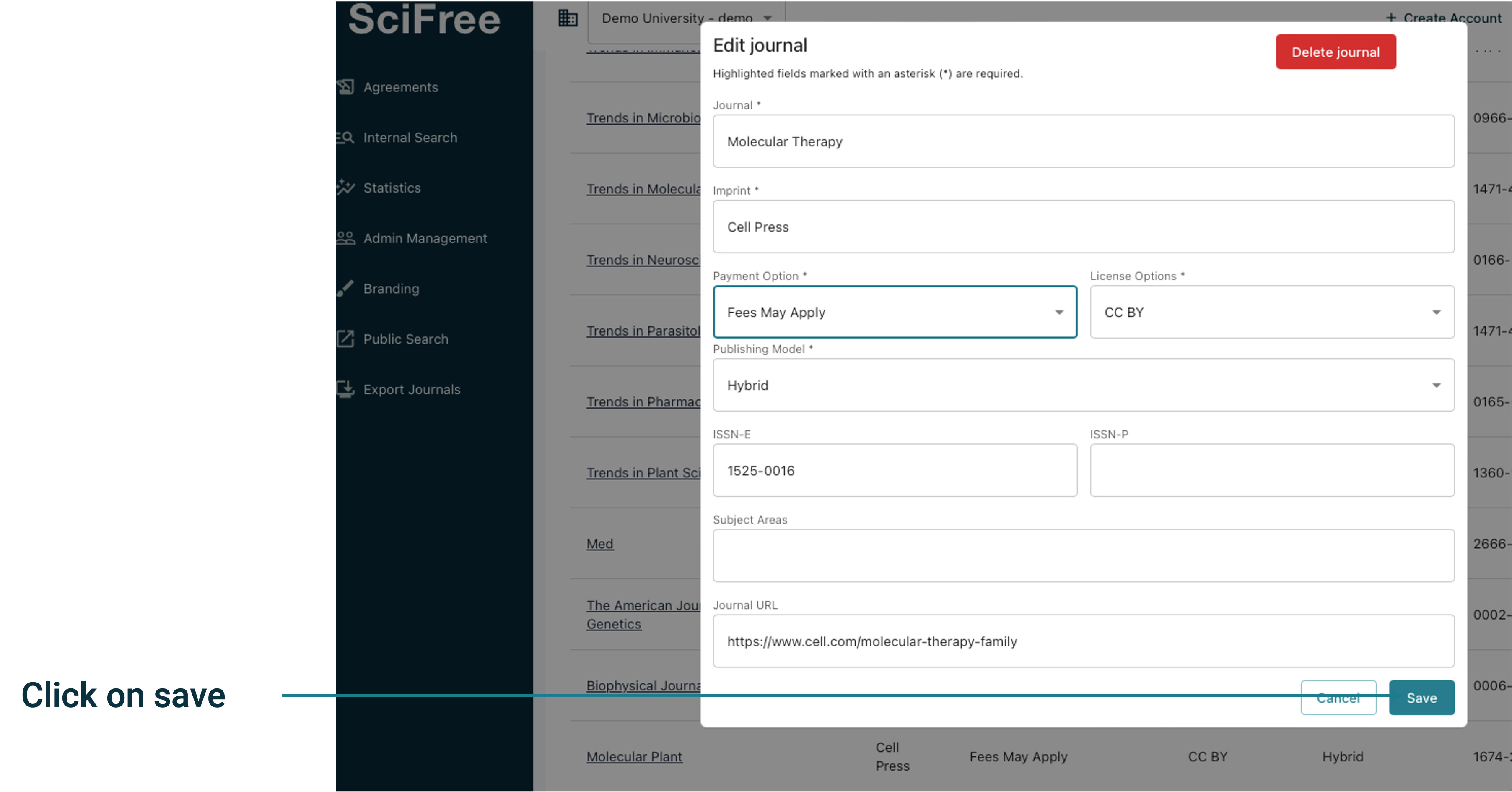 Screenshot of edit a journal window with fees may apply selected in payment option.