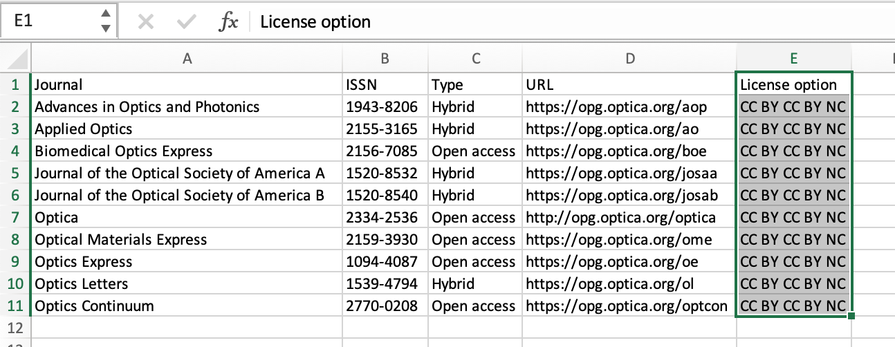 Screenshot of spreadsheet multiple licences missing commar.