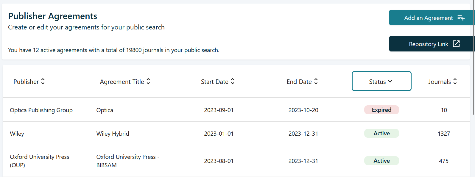 Screenshot of agreement list with expired at top.