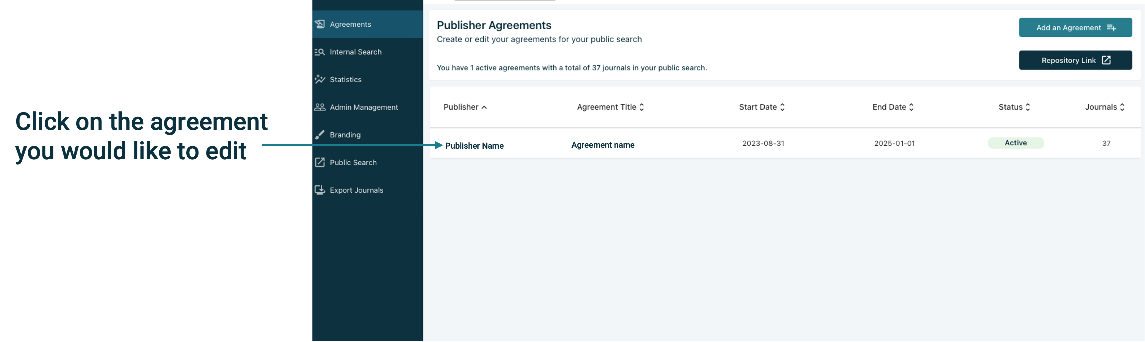 Screenshot of arrows pointing to an agreement on agreements page.