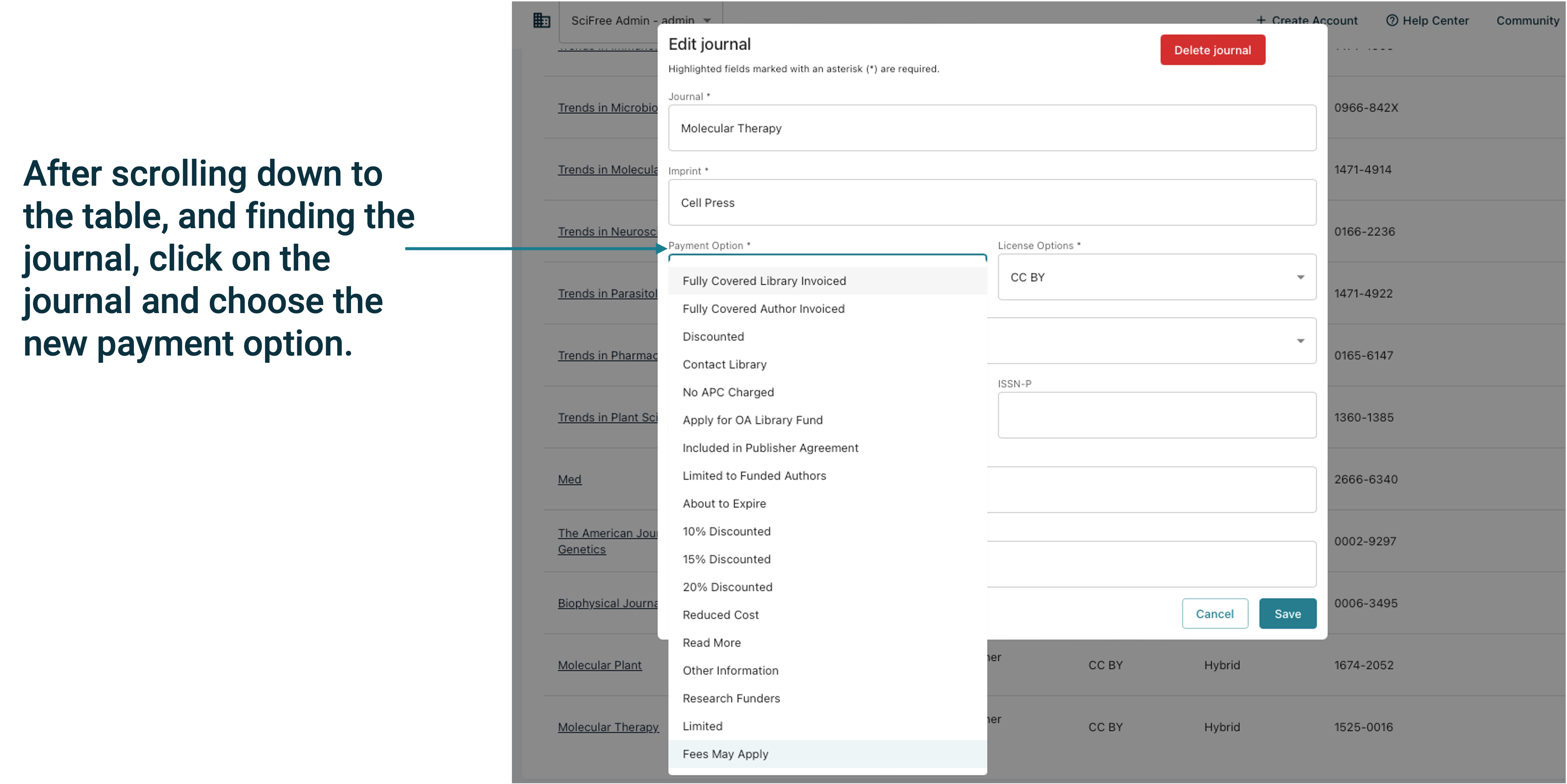 Screenshot of modal window edit a journal with payment option dropdown selected.