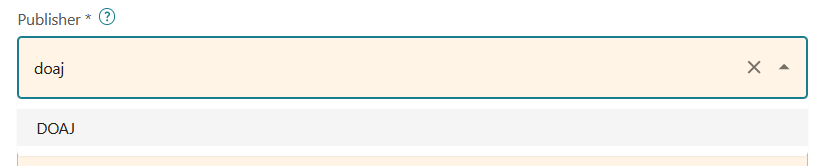 Screenshot of DOAJ selected in publisher dropdown.
