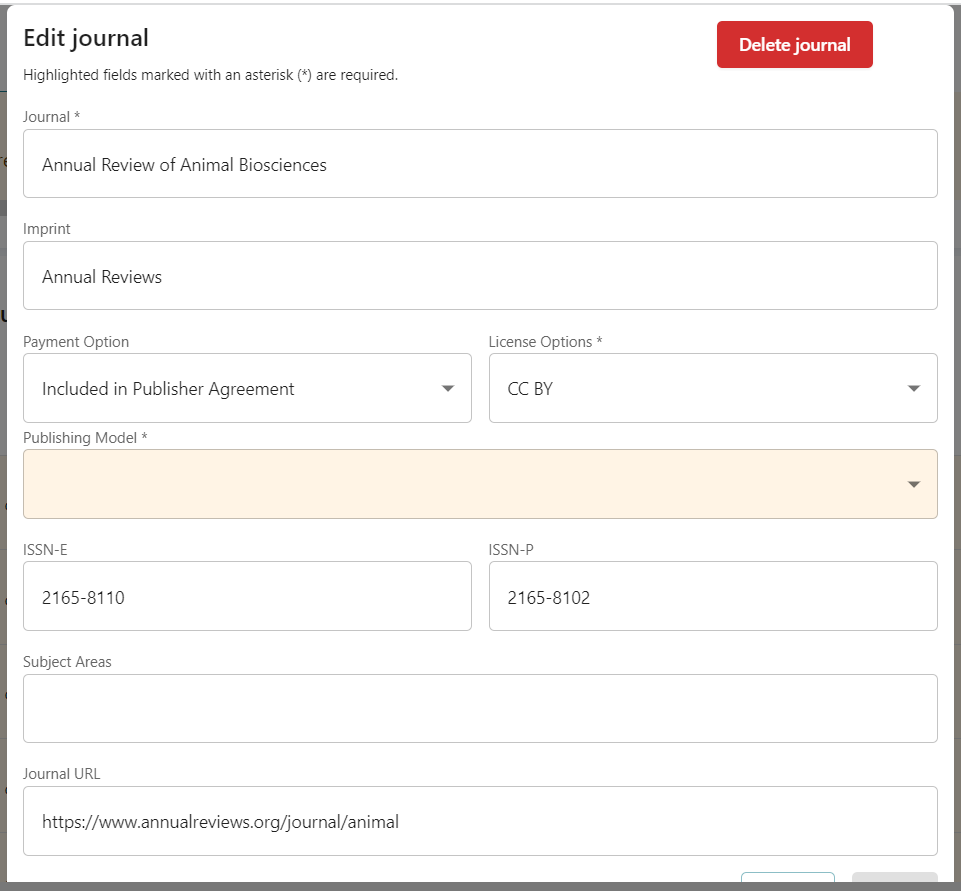 Screenshot of edit journal publishing model missing.