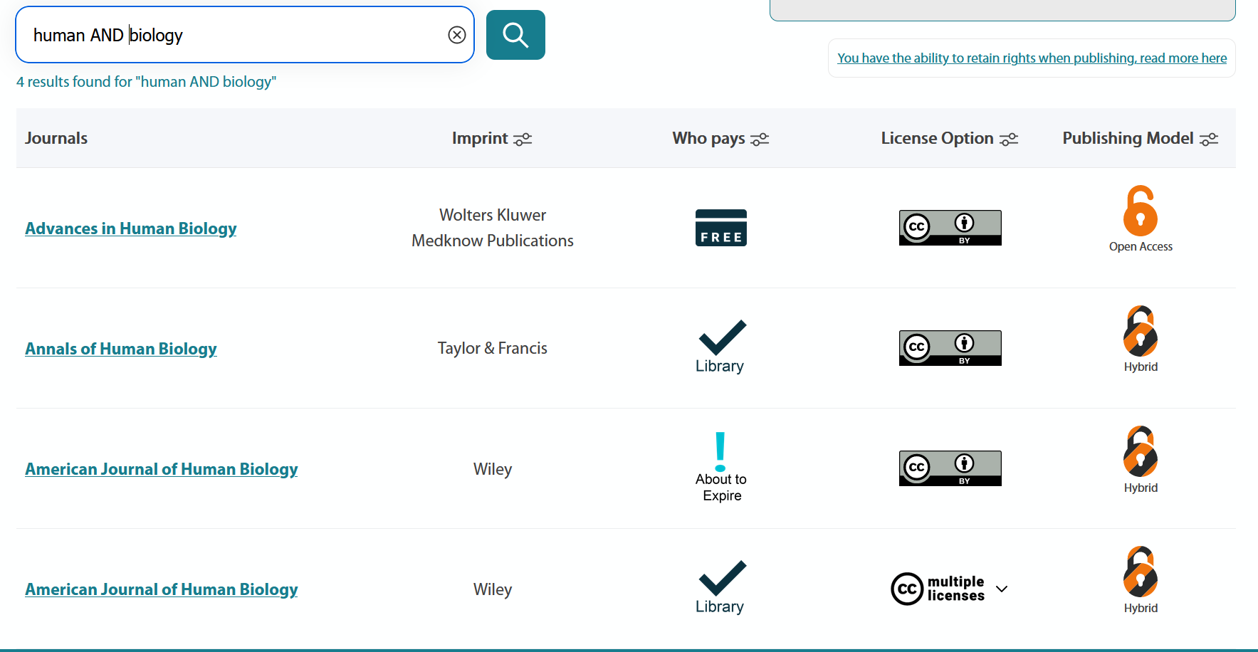 Results page with human AND biology as search term screenshot.