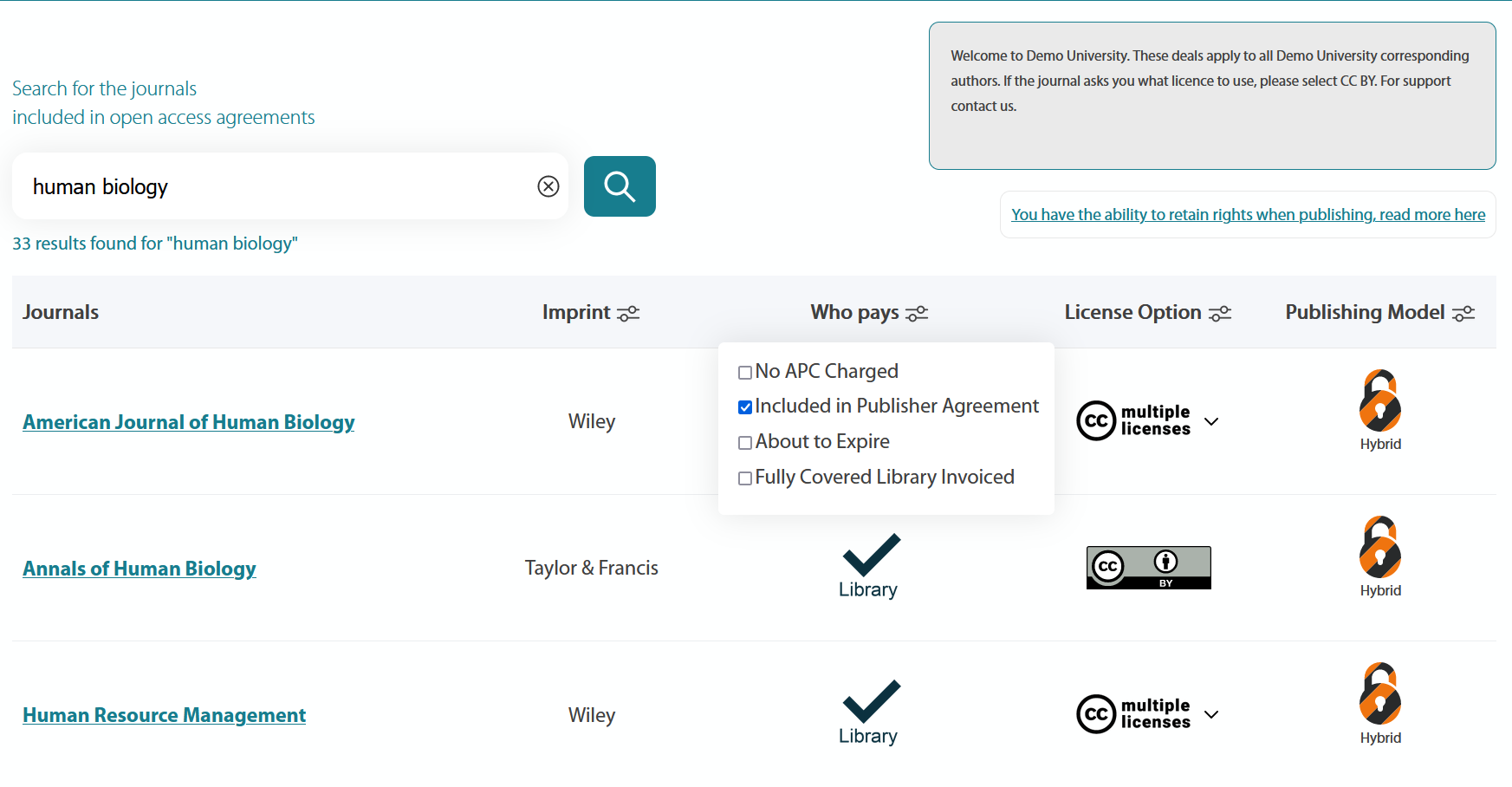 Results page with human biology as search term with filter applied screenshot.