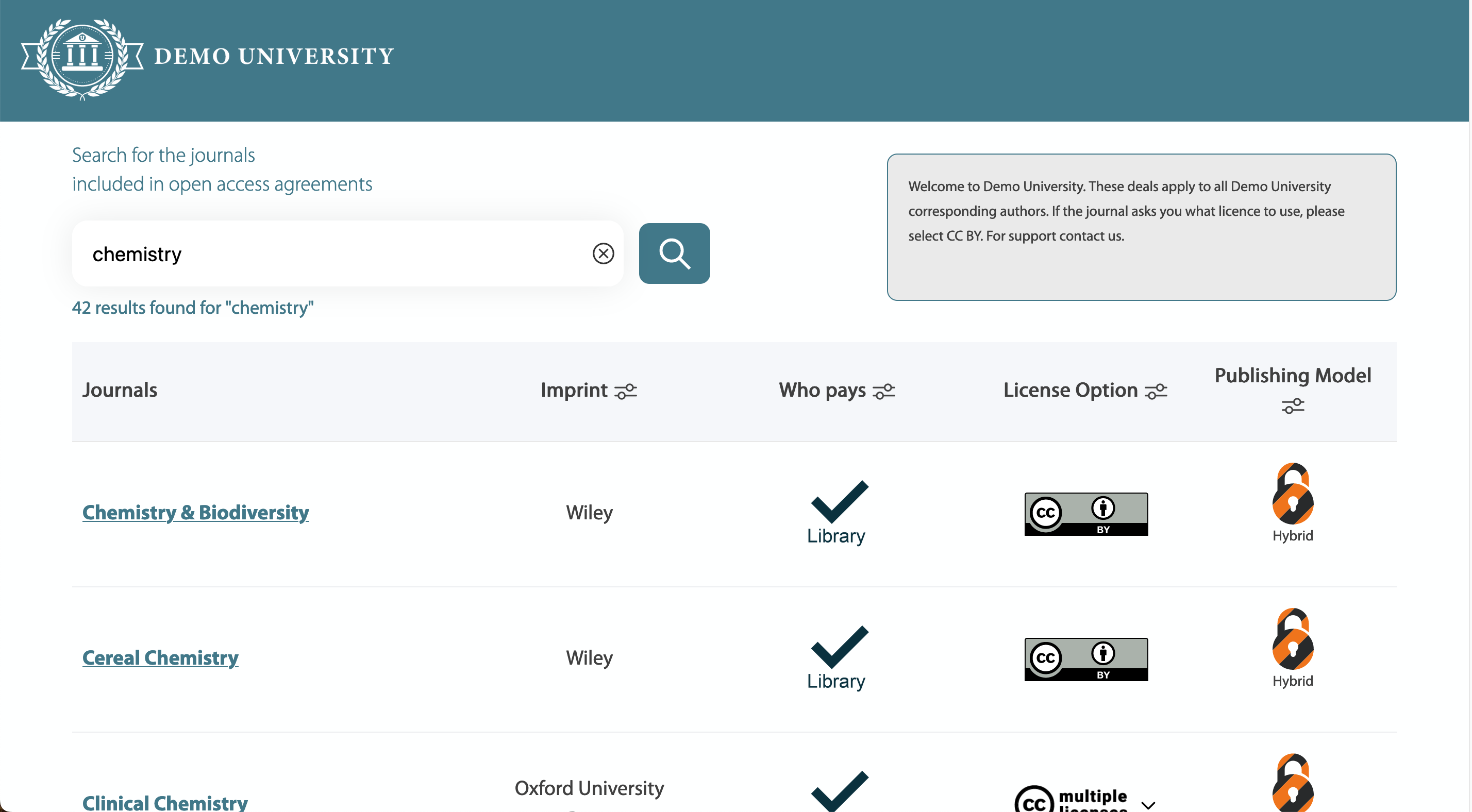 Results page with chemistry as search term screenshot.
