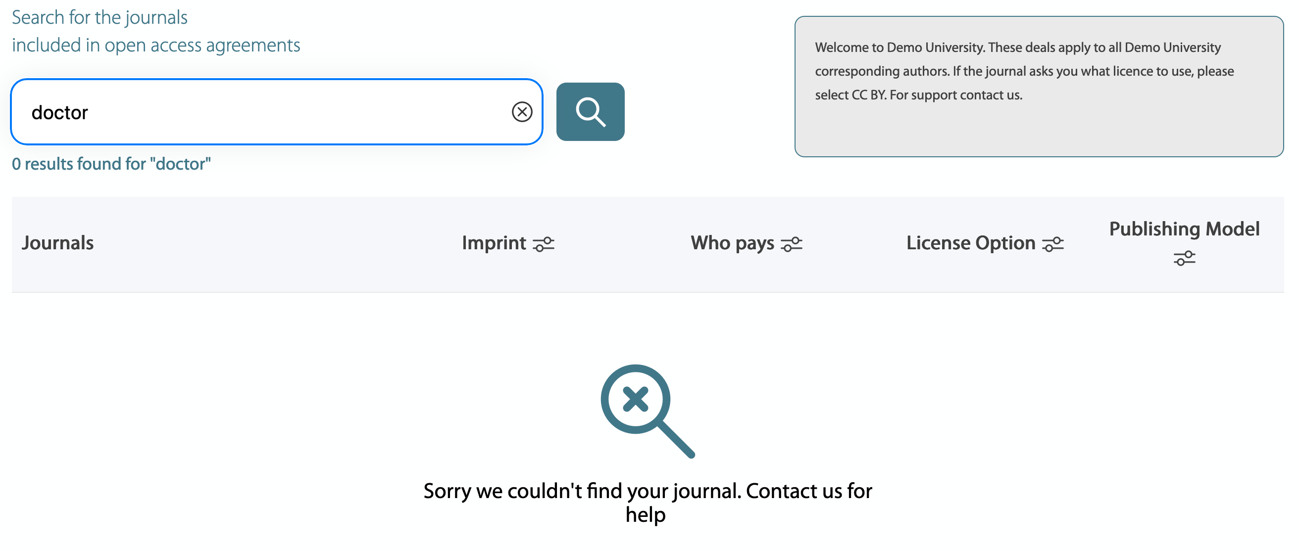 Results page with no results using doctor as search term screenshot.
