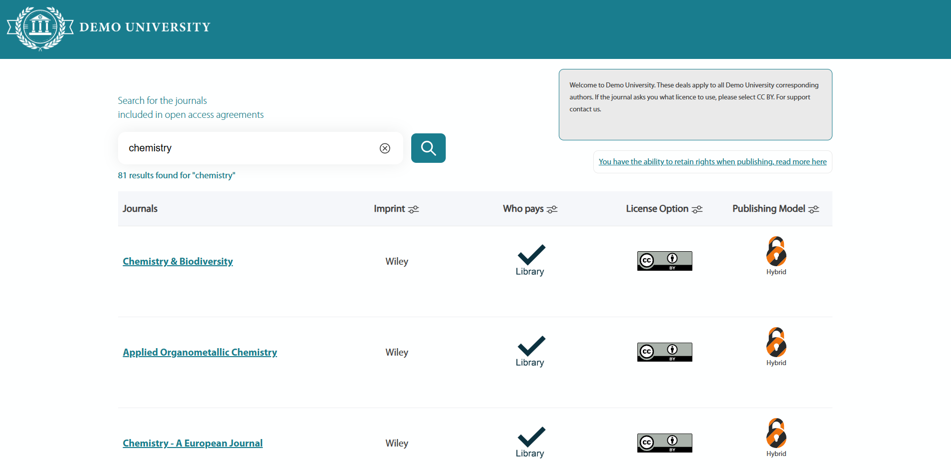 Results page with chemistry as search term screenshot.