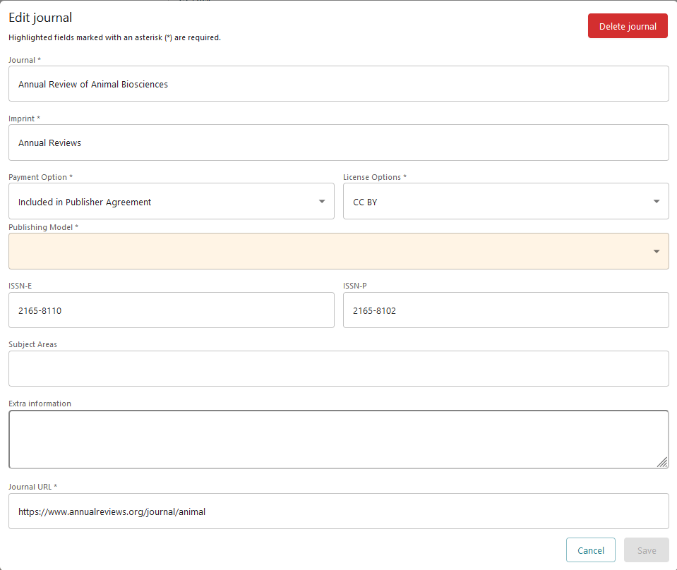 Screenshot of edit journal window with publishing model empty.