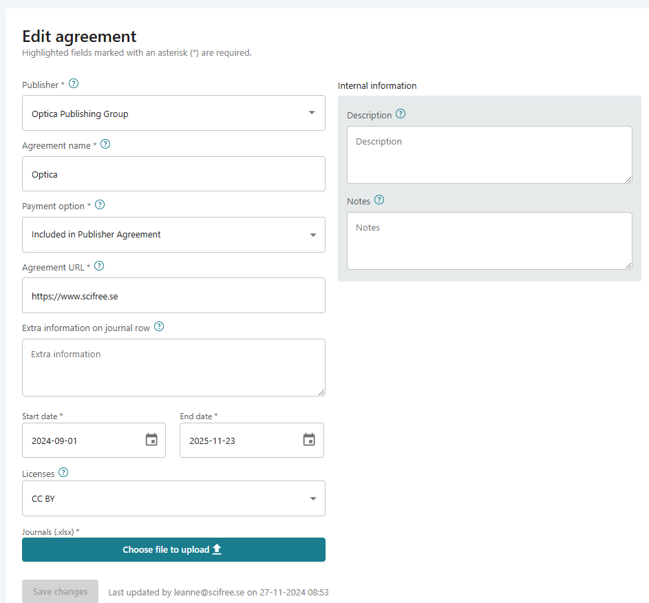 Screenshot of edit agreement page.