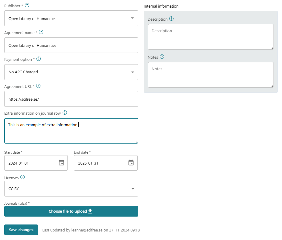 Screenshot of edit agreement page.