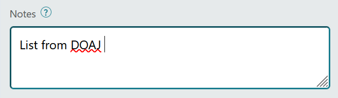 Screenshot of Notes textbox.