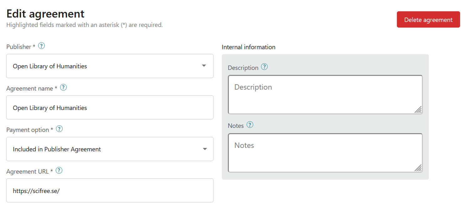 Screenshot of edit agreement page