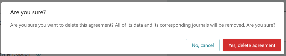 Screenshot of modal window with confirmation yes, delete agreement button.