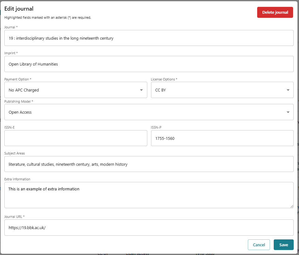 Screenshot of edit a journal modal window.