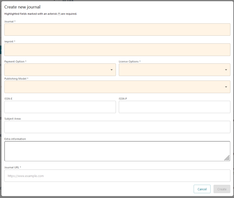Screenshot of Create new journal modal window with empty form.