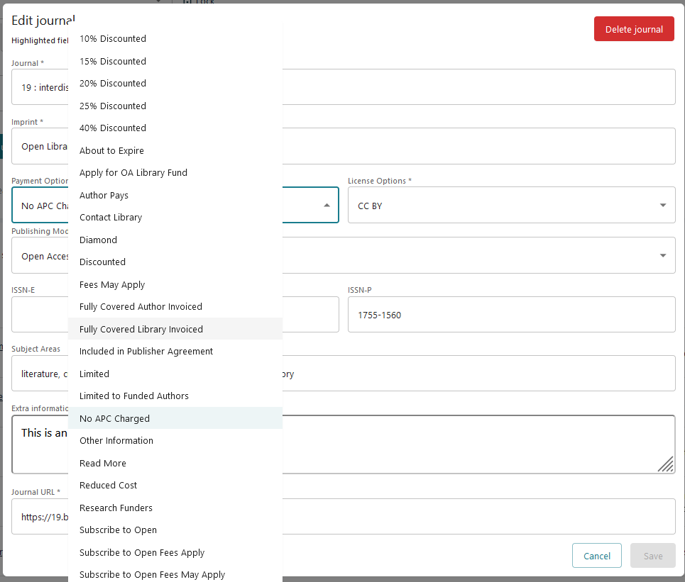 Screenshot of edit a journal modal window with payment option dropdown open.
