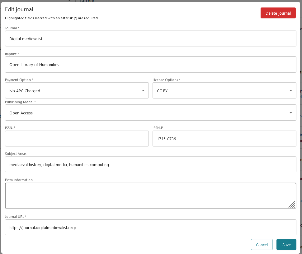 Screenshot of edit journal modal window.