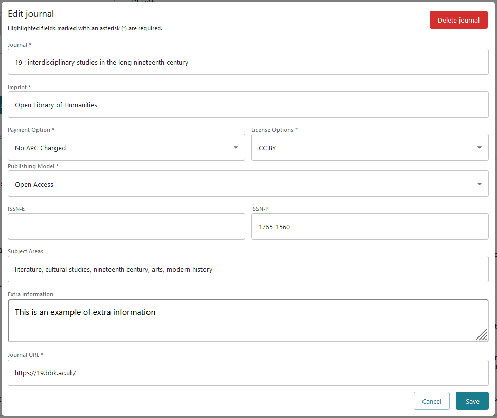 Screenshot of edit journal modal window.
