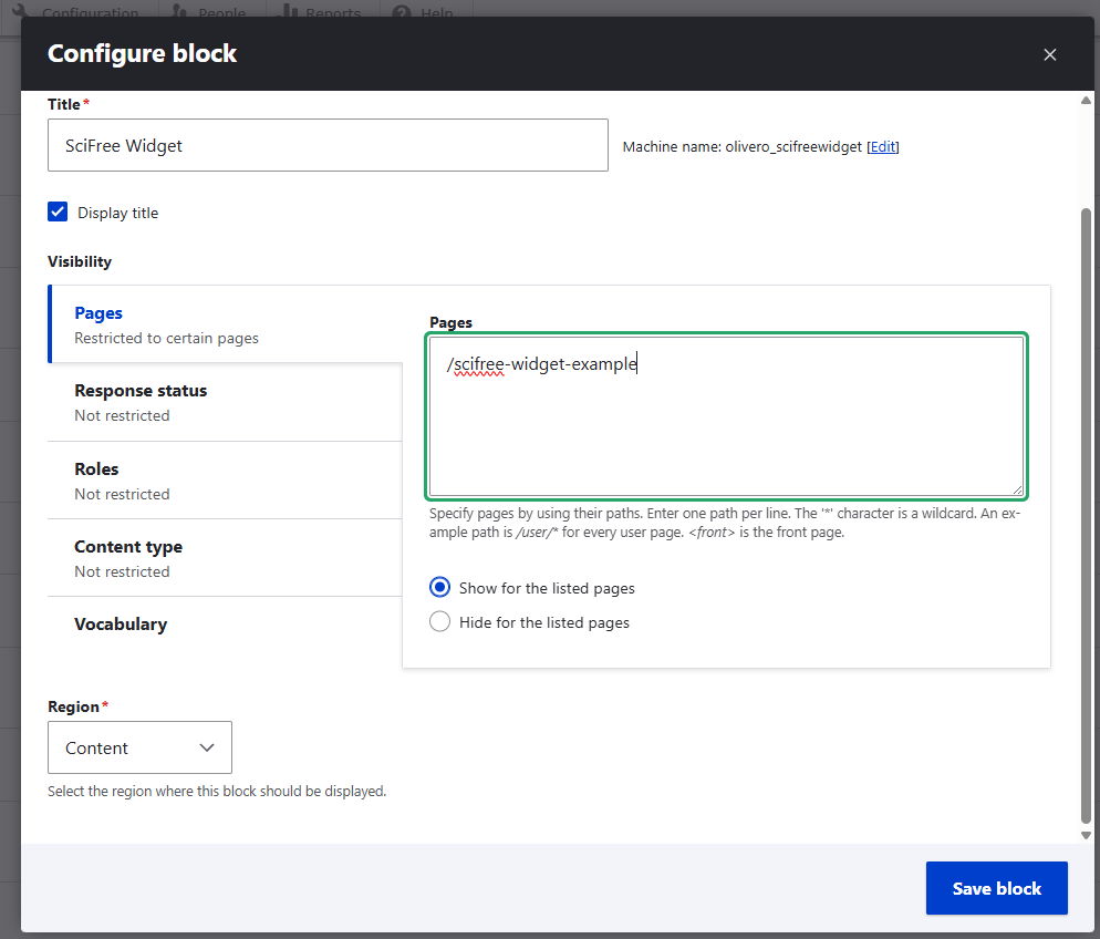Configure block on Drupal screenshot