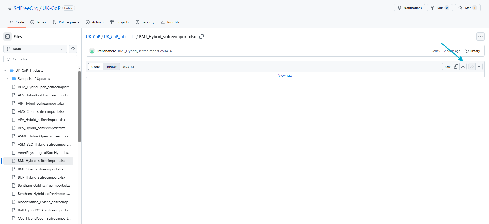 Screenshot of selected list on GitHub with an arrow to download button.